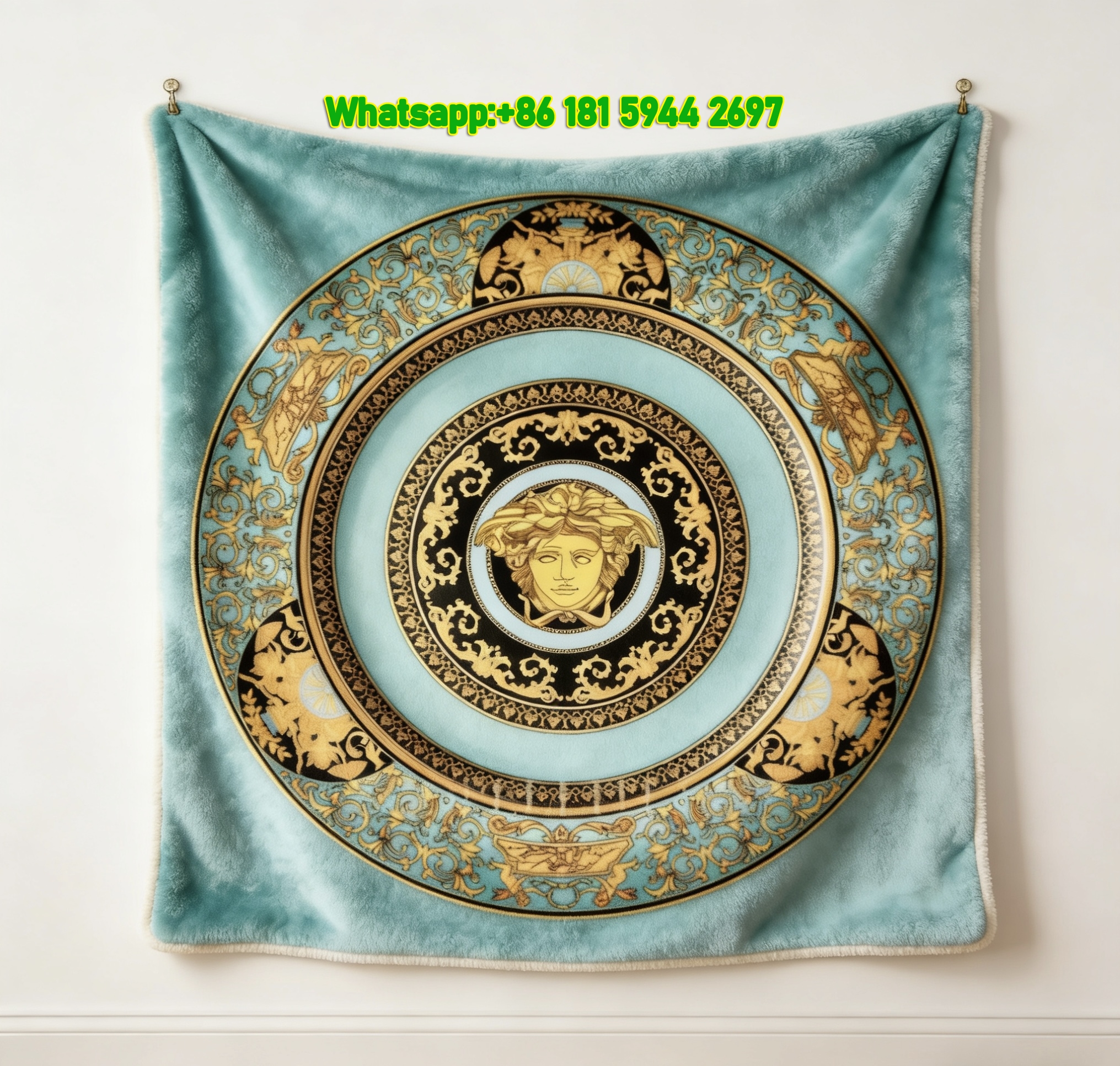 Versace Turquoise Gold Medusa Head Print Flannel Sofa Throw Blanket IMG_1332